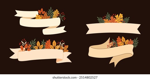 Autumn Themed Ribbon Illustrations Featuring Fall Leaves and Seasonal Elements Perfect for Decorative and Craft Projects