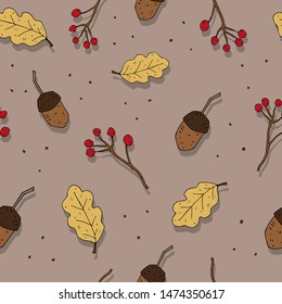 Autumn themed seamless vector pattern with cute acorns and leaves on a neutral background. 