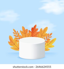Autumn themed square card with white podium and surrounding foliage. Soft sky background with clouds perfect for social media or print. Vector illustration
