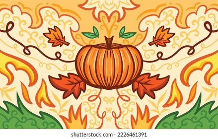 Autumn themed vector background with pumpkin decoration isolated. Symmetrical illustration drawing for thanksgiving or october to november fall season backdrop on website and poster background.