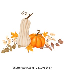 Ilustração vetorial temática de outono com duas abóboras, laranja e bege, rodeado por folhas de outono e delicadas flores de ervilha selvagem, criando uma atmosfera sazonal quente e acolhedora.