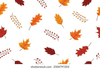 Autumn themes design with flat leaf seamless pattern on white background. Seamless Autumn Pattern Background, Autumn Floral Vector Flower, Hand Drawn Decorative Element.