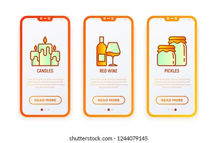 Autumn thin line icons set: candles, wine with glass, pickles. Vector illustration for user mobile interface.