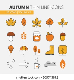 Autumn Thin Line Vector Icons with Umbrella Rainy Weather and Nature Gifts