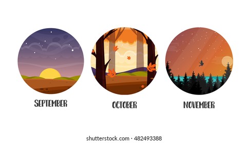 Autumn three month icons. September. October. November. Autumn with different weather. Nature landscape. Vector illustration. EPS 10.