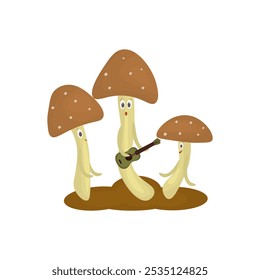 Autumn three mushrooms that dance to the guitar. Fun illustration