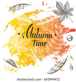 Autumn time background. Hand drawn doodle leaves and brush stroke. Lettering. Sketch. Poster, flyer, brochure, web, advertising