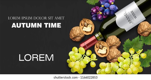 Autumn time banner Vector realistic. Wine bottle, grapes, and walnuts. Detailed 3d design. dark background