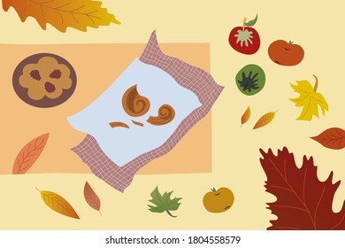 
Autumn time buns on plates blackberry pie apples yellow red green leaves autumn cozy composition