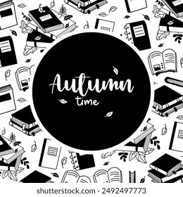 Autumn time card. Books, notebooks, magazines and stacks of folded literature. Square autumnal poster in hand drawn doodle style. Vector illustration