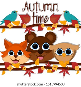 Autumn time card with a cute fox, bear and owl - Vector