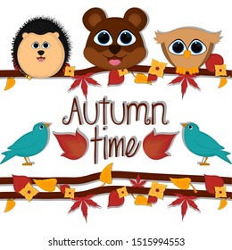 Autumn time card with a cute porcupine, bear and owl - Vector