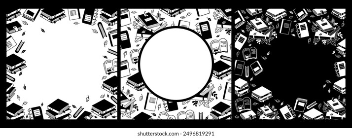 Autumn time cards. Books, notebooks and stacks of folded literature with leaves. Isolated square autumnal poster in hand drawn doodle style with empty space for text. Vector illustration.