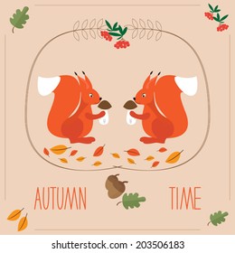 Autumn time. Cartoon red squirrels with mushrooms. Autumn card background for use in design.