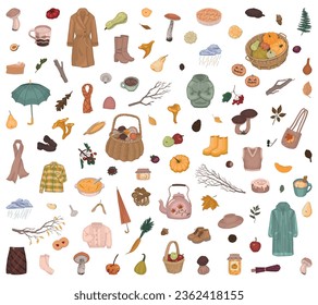 Autumn time clipart collection. Doodles set of fall harvest, mushrooms, fallen leaves, plants, accessories, cloth, foods. Cartoon vector illustrations isolated on white.
