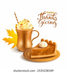 Autumn time composition with pumpkin pie and latte. Thanksgiving greeting card. Vector illustration. 