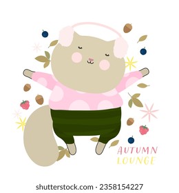 Autumn Time Cute Cat. Design for Web, Mobile, Card, Sticker, T-Shirt, Textile Shopper Bag and Other Garment.