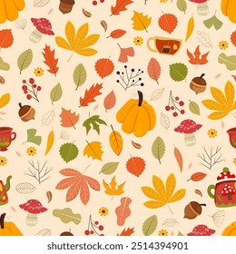 Autumn time, fall, leaves, hot tea, pumpkin, teapot, seamless pattern