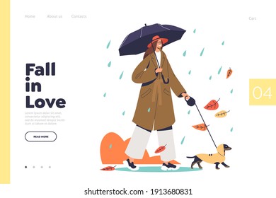 Autumn time to fall in love concept of landing page with woman walking with dog under umbrella in rain under umbrella. Cartoon female character on walk in autumn park. Flat vector illustration