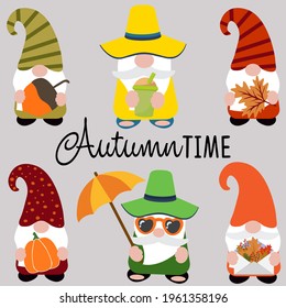 Autumn time funny cartoon gnomes vector illustration