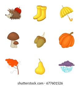 Autumn time icons set. Cartoon set of 9 autumn time vector icons for web isolated on white background