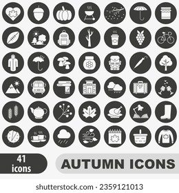 Autumn time. Autumn icons set. Set of white hollow autumn icons in a dark circle. Autumn bright icons. Vector illustration. EPS 10.
