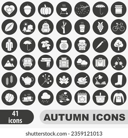 Autumn time. Autumn icons set. Set of white hollow autumn icons in a dark circle. Autumn bright icons. Vector illustration. EPS 10.