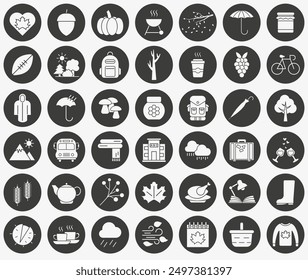 Autumn time. Autumn icons set. Set of white hollow autumn icons in a dark circle. Autumn bright icons. Vector illustration. EPS 10.