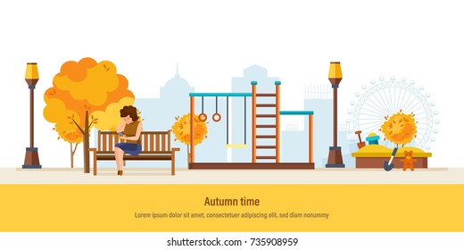Autumn time. Autumn kids playground, entertainment in form of horizontal bars and swings, walking park. Autumn city park with colorful seasonal leaves. Girl resting in park. Vector illustration.