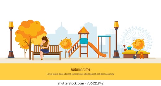 Autumn time. Autumn kids playground, entertainment in form of horizontal bars and swings, walking park. Autumn city park with colorful seasonal leaves. Girl resting in park. Vector illustration.