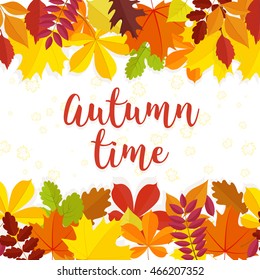 Autumn time lettering background. Autumn background with yellow red and green leaves.Vector illustration