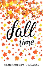Autumn time lettering banner. Seasonal fall poster with textured hand drawn typography and colorful leaves on white background. Colorful vector illustration.