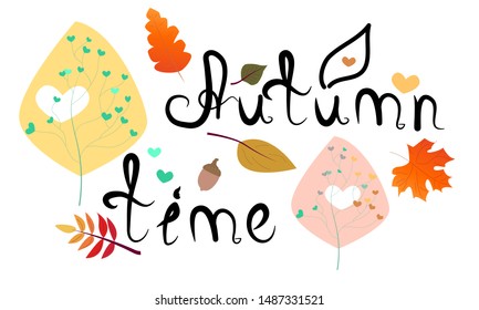 Autumn time lettering with trees, hearts and leaves.