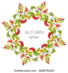 Autumn time. Red viburnum. Vector background. Poster. Concept fall template with autumn leaves