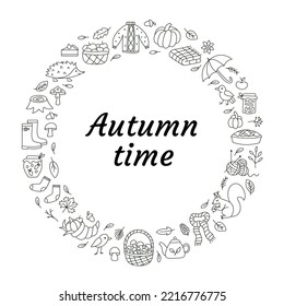 Autumn time. Round flame with fall doodle objects. Ideal for coloring books, stamps, invitations and others. Outline vector.