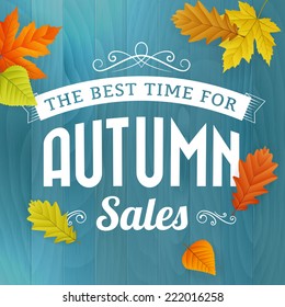 autumn time for sales business poster on blue wood background. layered.