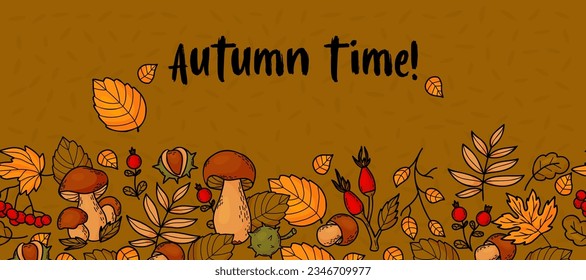 Autumn time. Seamless horizontal border banner. Wild berries, forest mushrooms, chestnuts and colorful autumn leaves on brown background. Vector illustration for fall design, decor.