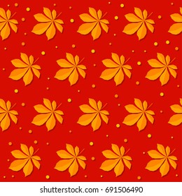 Autumn time seamless pattern background. Handmade  orange autumn leafs isolated on red cover for design card, invitation, album, scrapbook, textile fabric etc