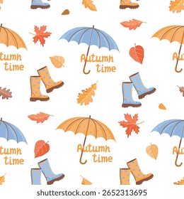 Autumn time seamless pattern with umbrella, foliage, rubber boots, hand written. Orange, red, yellow, brown, blue colors on white background. Print on fabric and paper. Vector design for textile.