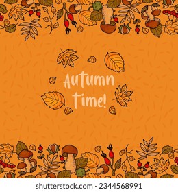 Autumn time. Seamless square border banner. Wild berries, forest mushrooms, chestnuts and colorful autumn leaves on orange background. Vector illustration for fall design, decor.