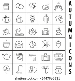 Autumn time. Set of autumn icons. Set of autumn icons in linear style. Vector illustration. EPS 10.