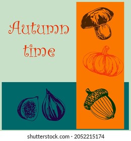 Autumn time set vector illustration. Fancy autumn items on the blue, orange and deep blue background. Brown mushroom, orange pumpkin, green acorn and purple figs. Fall harvest season. Letters.