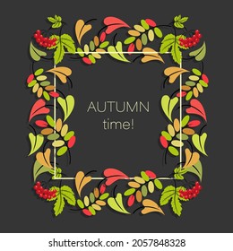 Otoño. Hora del otoño. Marco cuadrado sobre fondo negro. Cartel. Deja castaño, viburno, bayas. 