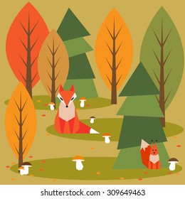 Autumn time theme. Abstract cartoon forest with funny simple graphic animals for use in design