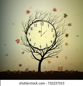 Autumn time, tree looks like autumn clock, 5 minutes  of the autumn season, magic season clock tree growing on soil, vector,