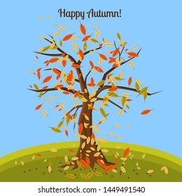 Autumn time. Tree with yellow and orange fallen leaves. Template for your postcard for 1 September.