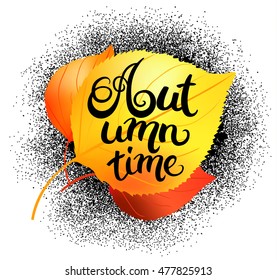 Autumn time typography on birch autumn leaves on black splash. Vector illustration.