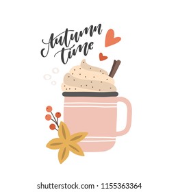 Autumn Time Vector Card. Hot chocolate in a mug with Hand lettered quote 