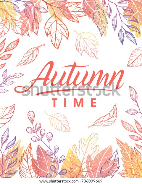 秋の時間 秋の色で葉を描いた手書きの文字 印刷 チラシ バナー