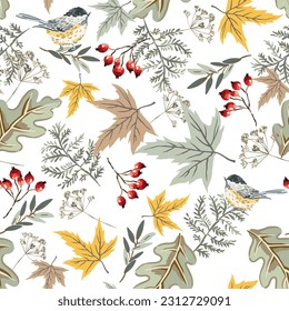 Pájaros de ratón, hojas de arce, bayas, helecho, fondo blanco de otoño. Patrón veloz. Ilustración de la temporada de otoño. Diseño de naturaleza forestal